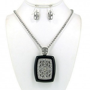 Necklace & Earrings Set – 12 Filigree Square Charm Necklace & Earrings Set w/ Clear Rhinestones - NE-OS01640ASJET