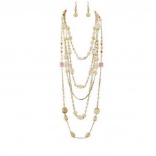 Necklace & Earrings Set – 12 Multi Gold Chain Faux Stone Necklace + Earrings Set - Pink Color - NE-SMS3006D 