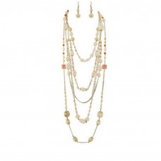 Necklace & Earrings Set – 12 Multi Gold Chain Faux Stone Necklace + Earrings Set: Coral Color - NE-SMS3006H