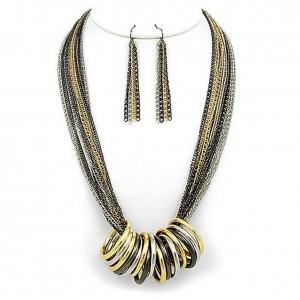 Necklace & Earrings Set – 12 Multi Chain Strand w/ Multi Rings Necklace & Earrings Set - Hematite - NE-WNE25506MULT