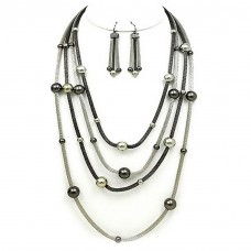 Necklace & Earrings Set – 12 Multi Mesh Strand w/ Beads Necklace & Earrings Set - Rhodium / Hematite - NE-WNE25510HMRH