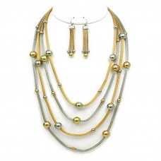 Necklace & Earrings Set – 12 Multi Mesh Strand w/ Beads Necklace & Earrings Set - Rhodium / Gold  - NE-WNE25510RHGD