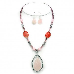 Necklace & Earrings Set – 12 Semi-Precious Stone Necklace & Earrings Set - Rose Quartz  - NE-WS0738ASROQ