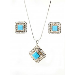 Necklace & Earrings Set – 12 Crystal Square Charm w/ TQ Stone Necklace & Earring Set - NE-41202STQ