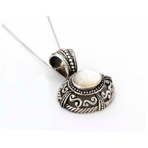 Necklace – 12 PCS Casting Silver Filigree Necklace w/ Oval White Jade Pendant - NE-P4308