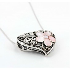 Necklace – 12 PCS Casting Silver Filigree Heart Charm Necklace w/ Rose Quartz Flower Accent - NE-P5297PK