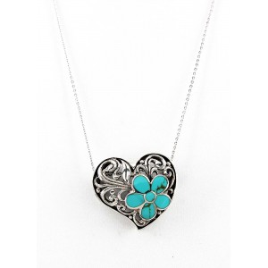 Necklace – 12 PCS Casting Silver Filigree Heart Charm Necklace w/ Turquoise Flower Accent - NE-P5297TQ