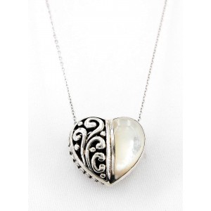 Necklace – 12 PCS Casting Silver Filigree Heart Charm  Necklace with White Jade Accent - NE-P5384