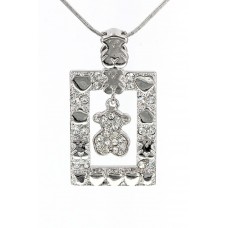 Necklace – 12 PCS T-Bear w/ Hearts Charm Crystals Necklacle  - Rectangle Shape- Rhodium Plating - Clear - NE-N4496CL