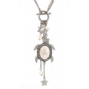 Necklace & Earrings Set – 12 Animal - Turtle - Mother of Pearl Necklace & Earrings Set w/ Turtle Charm - NE-OS01934RDMOP