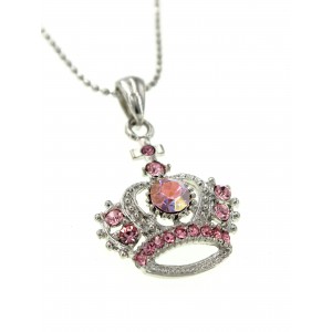 Necklace – 12 PCS Rhinestone Crown Charm Necklaces - Pink Color - NE-JN0180pk