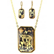 Necklace – 12 PCS Necklace - Gold tone Chain Faceted Glass w/Leopard Print + Embedded Rhinestone Heart Charm NE + ER - NE-ACQN4735