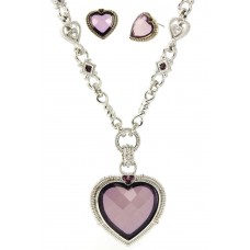 Necklace & Earrings Set – 12 Rhodium Chain w/Faceted Glass Heart Charm NE & Earring Set - Purple - NE-S6315LRDAY
