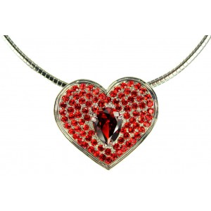 Necklace – 12 PCS Rhinestone Heart Charm w/CZ Necklace - Red - NE-TJ026RD