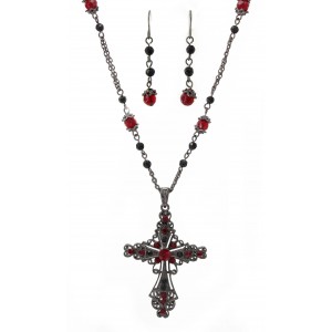 Necklace & Earrings Set – 12 Cross NE-Hematite Coating w/Red Crystals - NE+ER set - NE-ACQN4699H