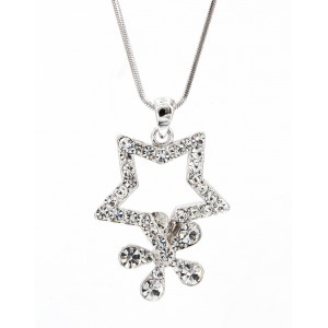 Necklace – 12 PCS Rhinestone Star w/ Flower - Rhodium Plating - Made in Korea - NE-N4357CL