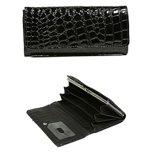 Wallet - 12 pcs Shinny Croc Embossed w/ Twisted Closure Pocket - Black - WL-AL240BK