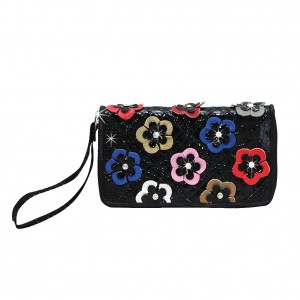 Wallet - 12 pcs Organizer Wallets - Genuine Leather w/ Jeweled Multi-color Flower Appliques - WL-PPW1000MULT