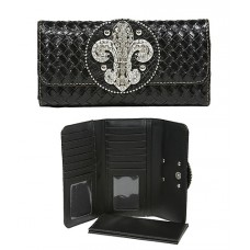 Wallet - 12 pcs Fleur de Lis Charm Wallet/Leather Like - Black-WL-W119BK