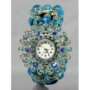 Watch – 12 PCS Bracelet Watches - Rhinestones w/ Multi Beaded Stretchable Bracelet - Blue