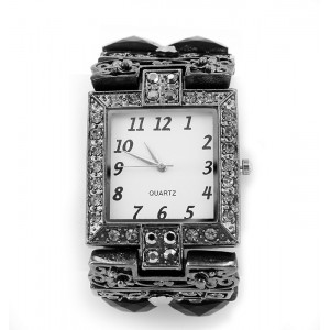 Watch – 12 PCS Bracelet Watches - Rhinestones w/ Multi Beaded Stretchable Bracelet - Black - WT-KH11486BK 