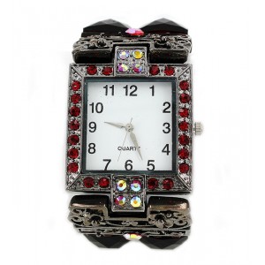 Watch – 12 PCS Bracelet Watches - Rhinestones w/ Multi Beaded Stretchable Bracelet - Red - WT-KH11486RD