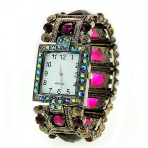 Watch – 12 PCS Bracelet Watches - Rhinestones w/ Multi Beaded Stretchable Bracelet - Purple -WT-KH11495PL