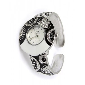 Watch – 12 PCS Lady Watches - Paved Rhinestone & Engraved Floral Cuff - Black/White -WT-L80636BK-WT