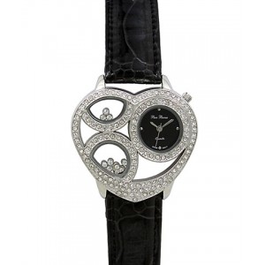 Watch – 12 PCS Lady Watches - Rhinestone Heart Shape Frame w/ Croc Embossed Band - Black - WT-L80665BK