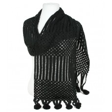 Scarf - 12 PCS Crochet w/Dangling Pompoms Scarf - Black Color - SF-S1278BK