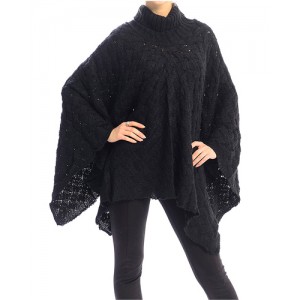 Poncho/ Shawl - 12 PCS Turtleneck Basket Weaves Pattern - Black - SF-FW112BK