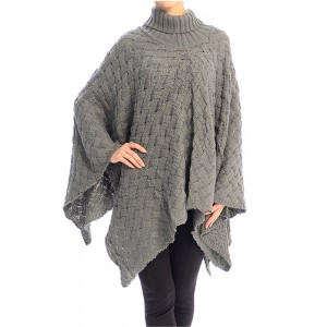 Poncho/ Shawl - 12 PCS Turtleneck Basket Weaves Pattern - Grey - SF-FW112GY