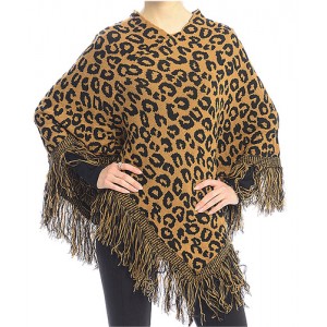 Poncho/ Shawl - 12 PCS Leopard Print with Fringed Hem - Camel - SF-FW411CA