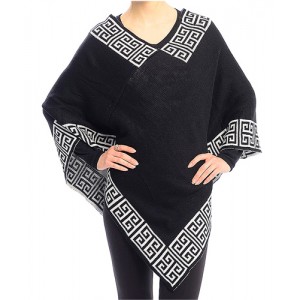 Poncho/ Shawl - 12 PCS Greek Key Pattern - Black - SF-FW412BK