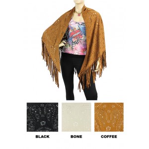 Shawl / Wrap - 12 PCS Laser Cut Out Paisley Print Suede Like w/ Fringed Hem - SF-RUN17