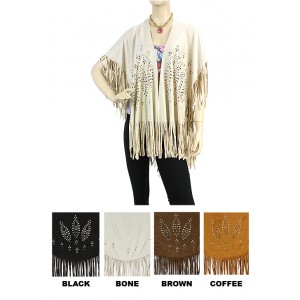 Ruana - 12 PCS Suede-Like with Laser Cut Out Pattern w/ Fringed Hem - SF-RUN22