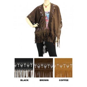 Ruana - 12 PCS Suede-Like with Laser Cut Out Greek Pattern w/ Fringed Hem  - SF-RUN24G